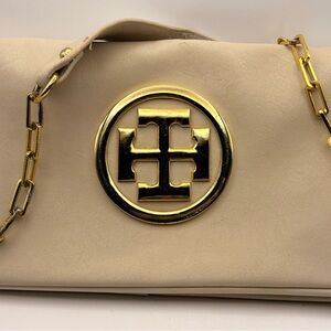 Tory Burch Ivory Shoulder Bag Gold Chain Logo Accent Women’s
